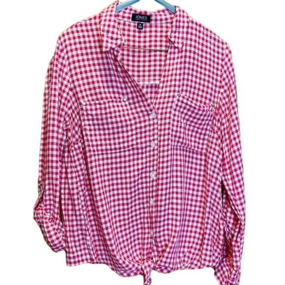 Jones New York Pink Baby Gingham V-Neck Button Up Tie Front Shirt Blouse Medium - Picture 1 of 6